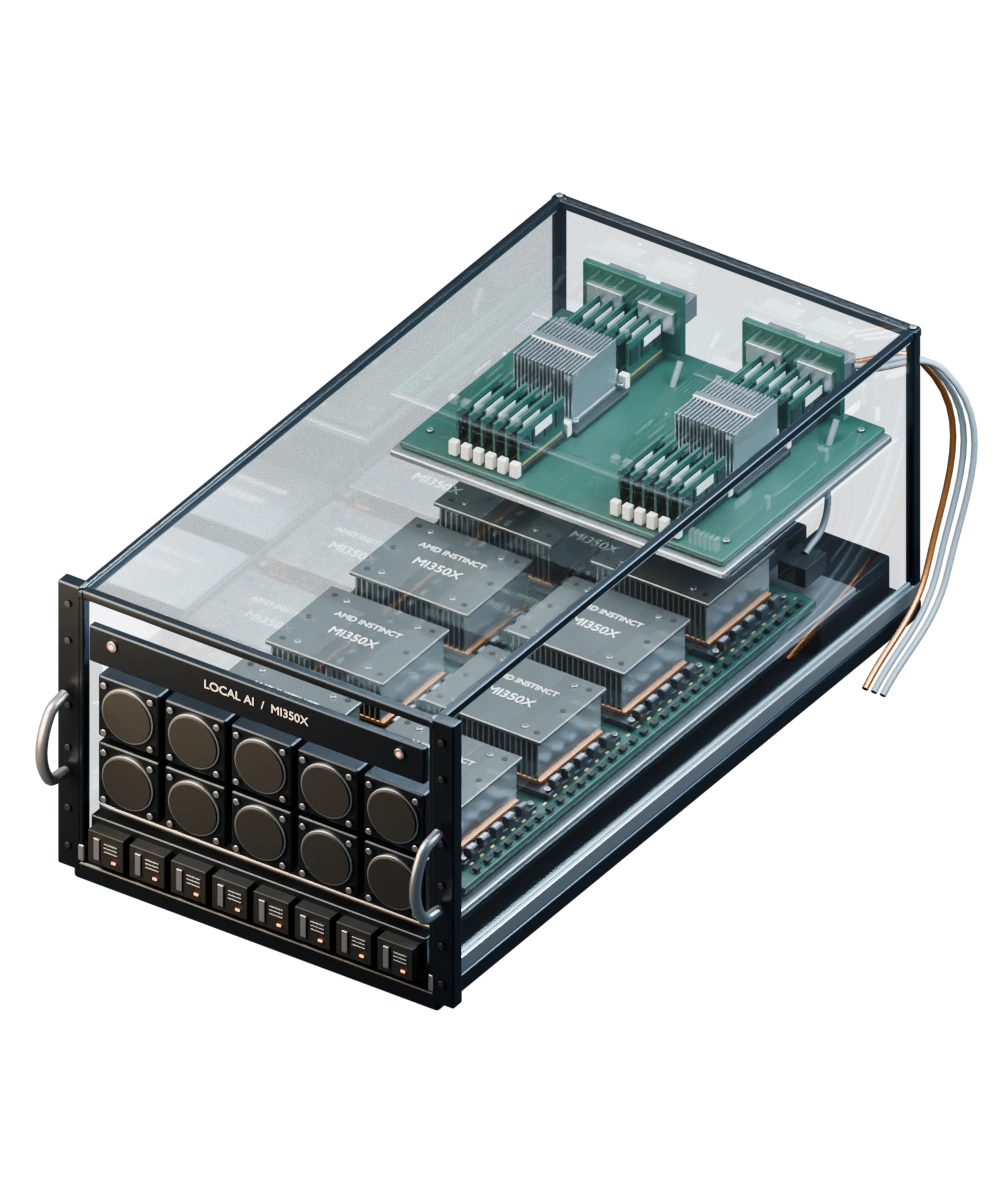 A transparent server chassis revealing MI350X accelerator heatsinks, CPU coolers, DDR5 RAM banks, NVMe drive bays, cooling fans, and cabling.
