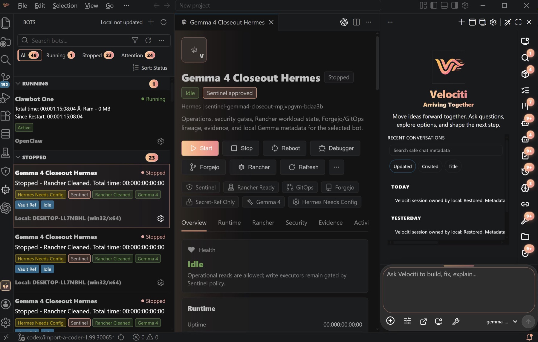 Velociti Bots view showing Sentinel-approved bot status, local model metadata, Rancher cleanup, and Forgejo lineage.
